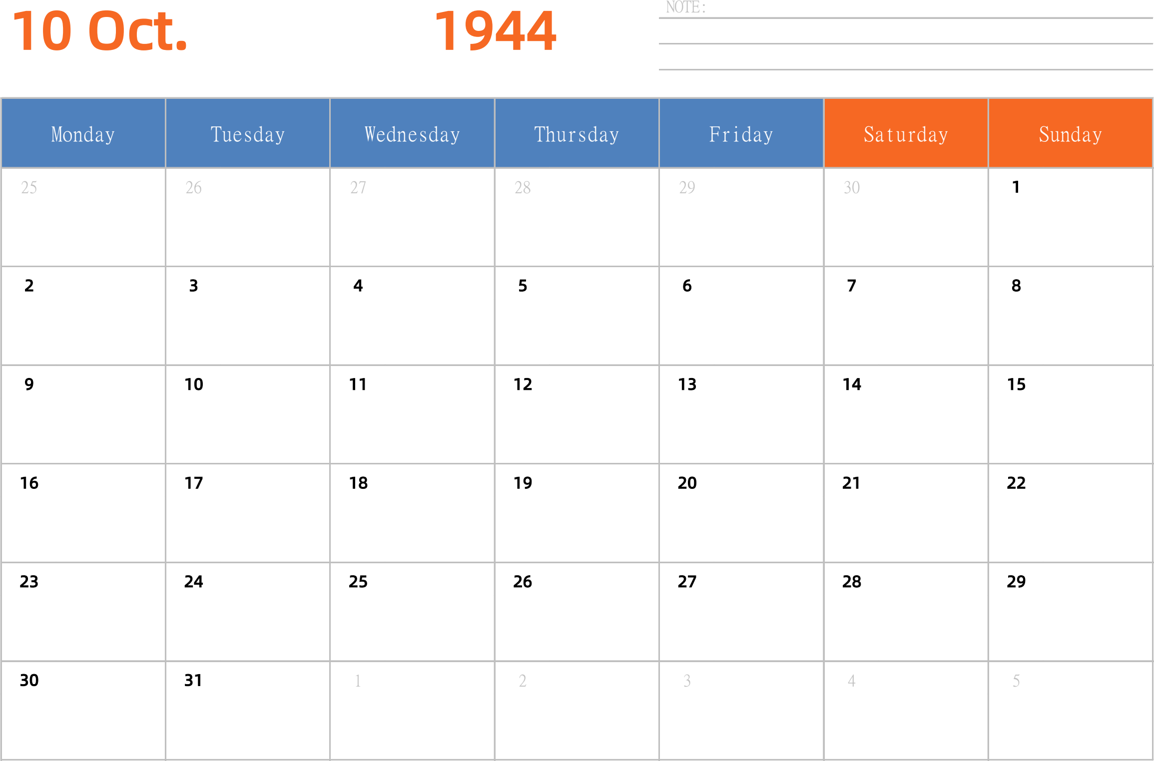 日历表1944年日历 英文版 横向排版 周一开始